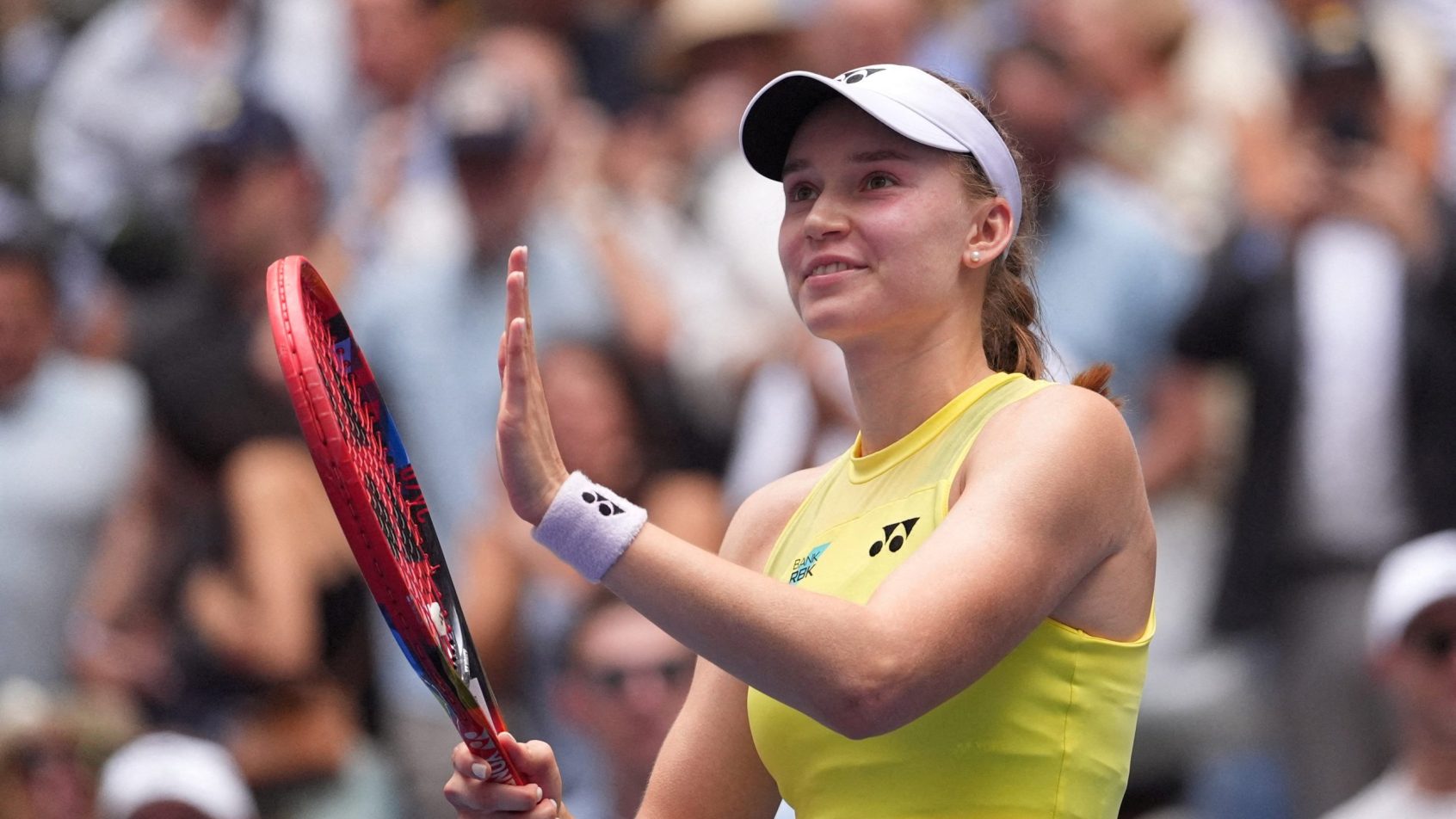 Elena Rybakina celebrates a victory at the US Open.