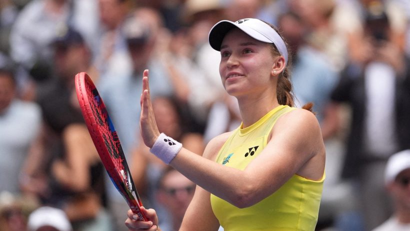 Elena Rybakina celebrates a victory at the US Open.
