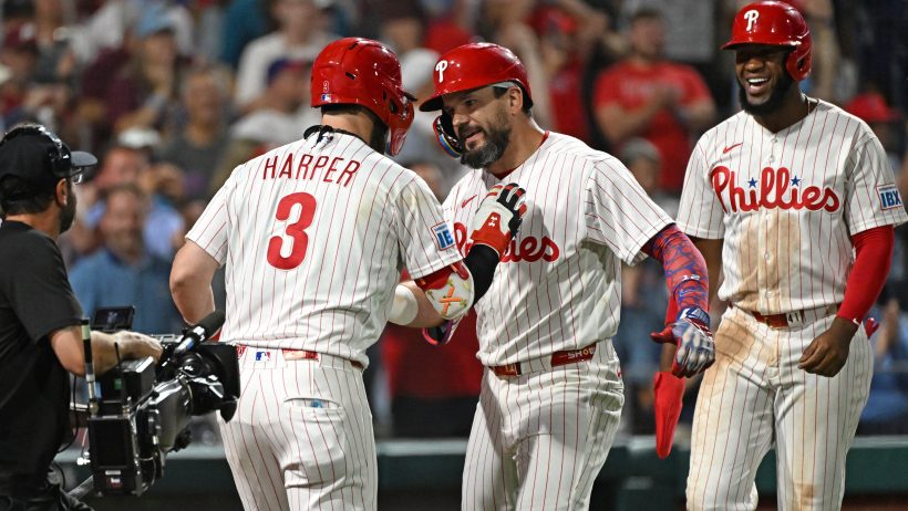 The Phillies celebrate a Kyle Schwarber home run.