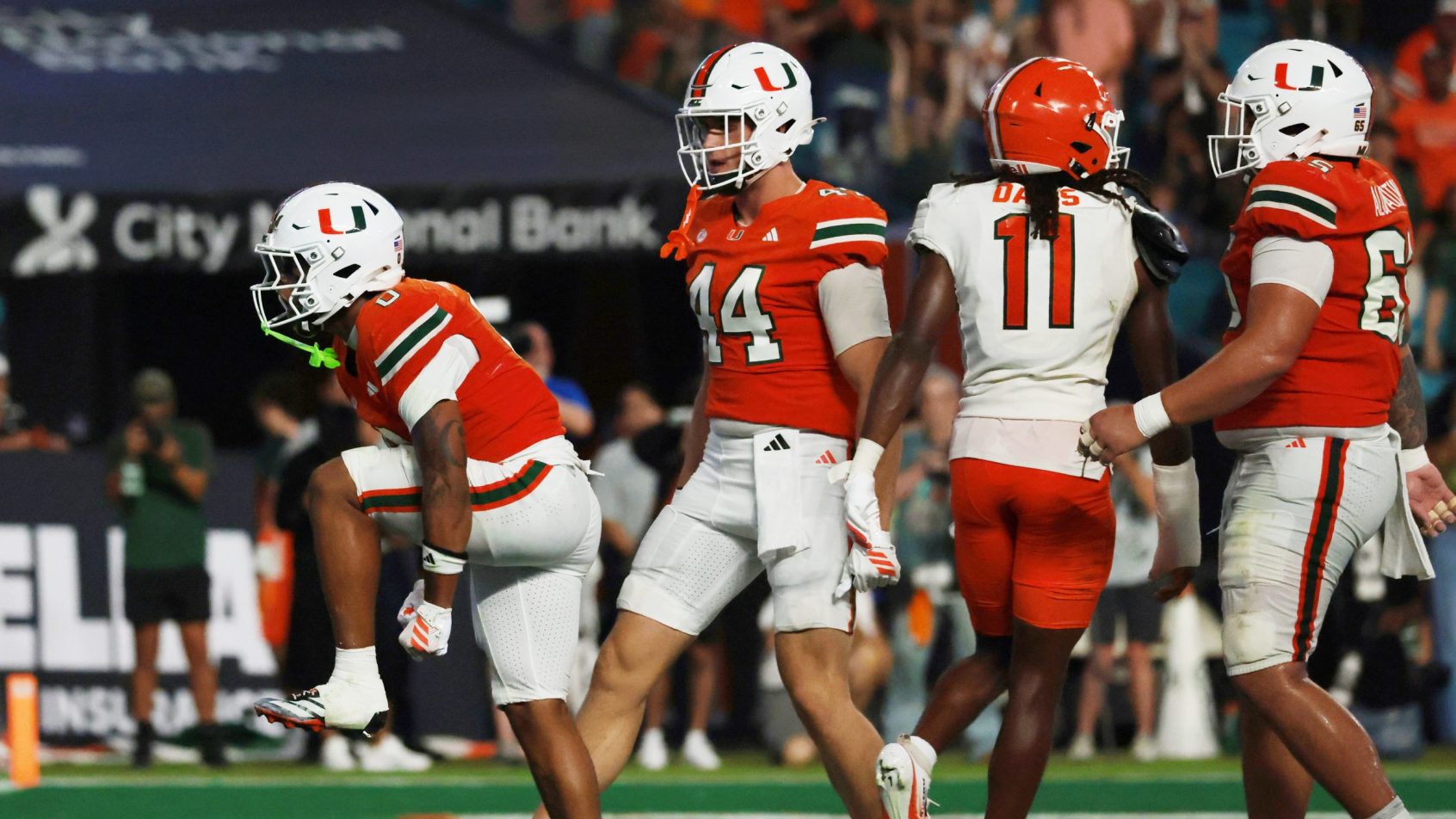 Miami celebrates a touchdown against Florida A&M.