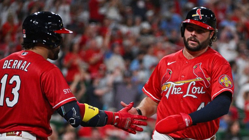Alec Burleson celebrates a home run vs the White Sox.