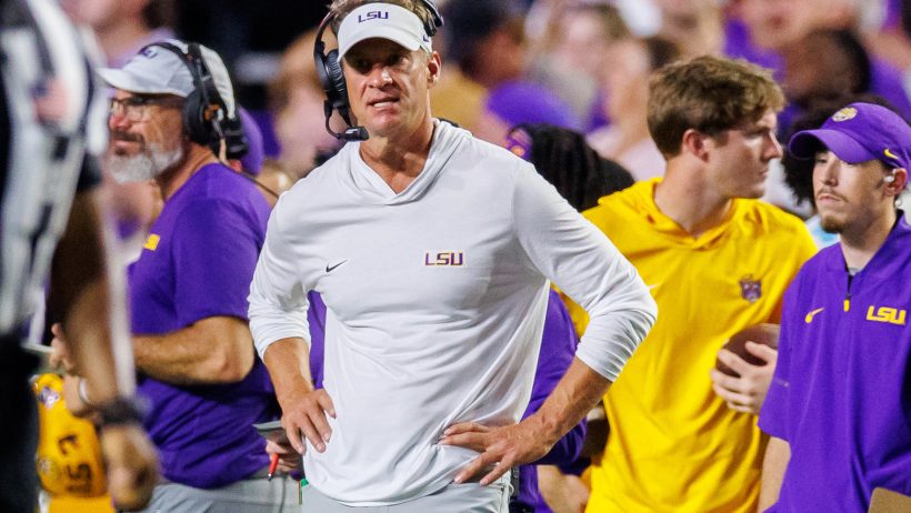 Lane Kiffin on the sidelines after a LSU interception vs Louisiana Tech.