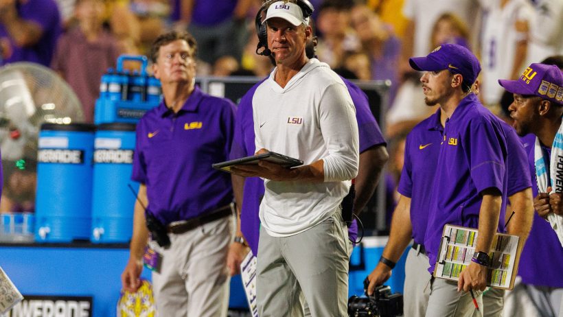 LSU head coach Lane Kiffin on the sideline against Louisiana Tech before his return to Ole Miss