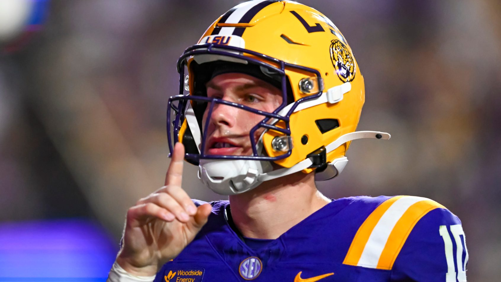 Sam Leavitt celebrates during an LSU victory.