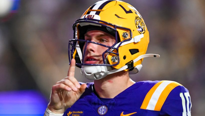 Sam Leavitt celebrates during an LSU victory.