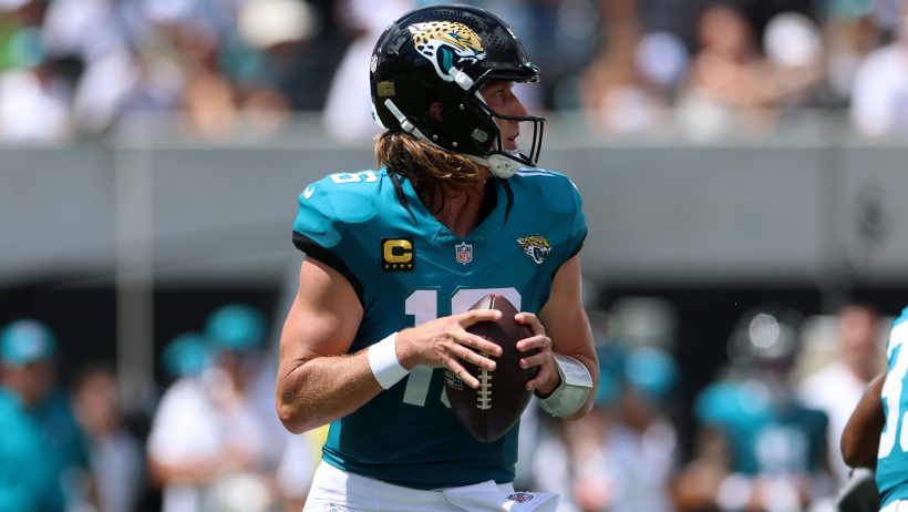 Jacksonville Jaguars quarterback Trevor Lawrence holding the ball in the pocket