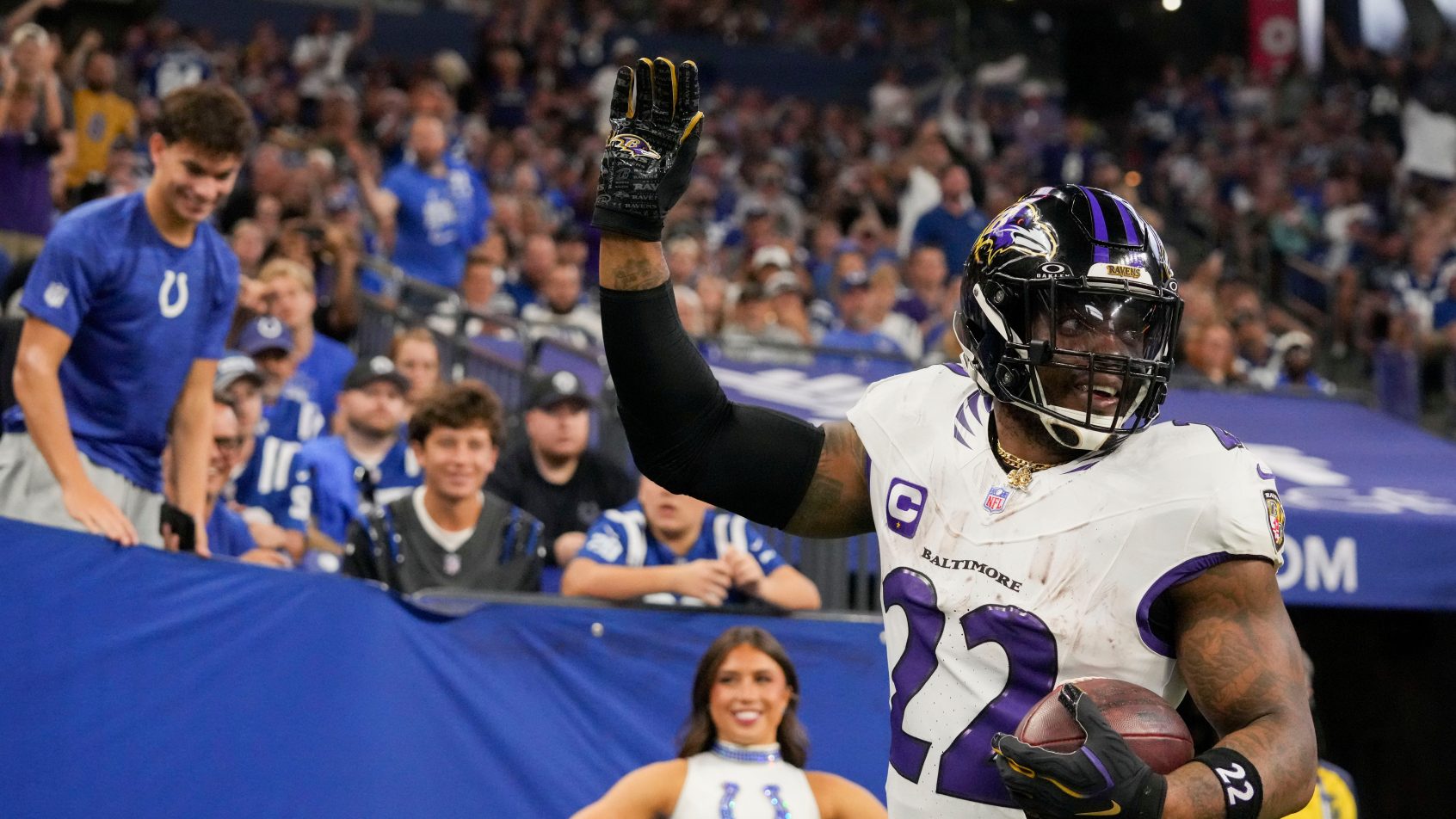 Derrick Henry celebrating a touchdown with the Ravens in the 2026 NFL season.
