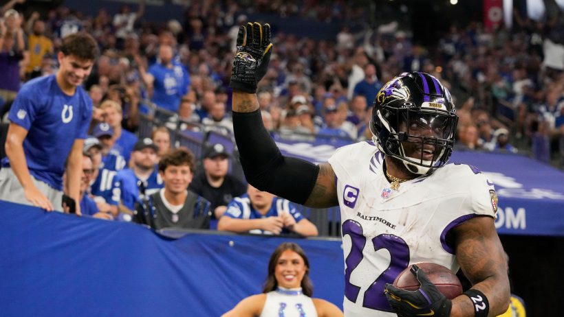 Derrick Henry celebrating a touchdown with the Ravens in the 2026 NFL season.