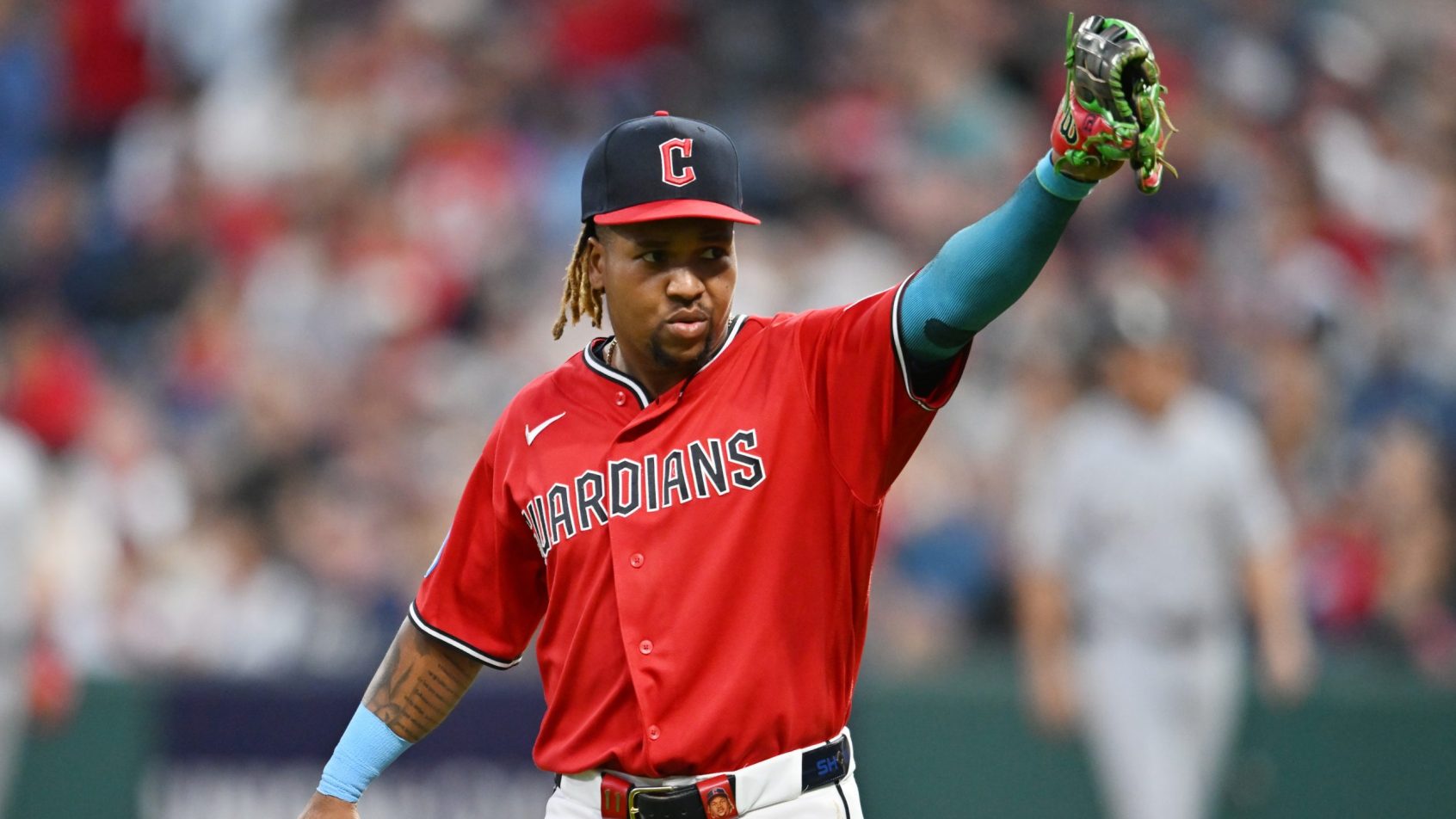 Jose Ramirez celebrates a Guardians double play vs the White Sox.