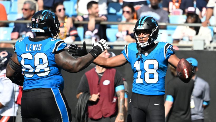Jalen Coker celebrating with a teammate