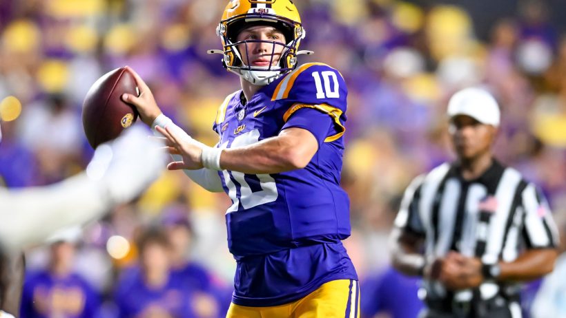 LSU quarterback Sam Leavitt prepares to throw against Louisiana Tech at Tiger Stadium