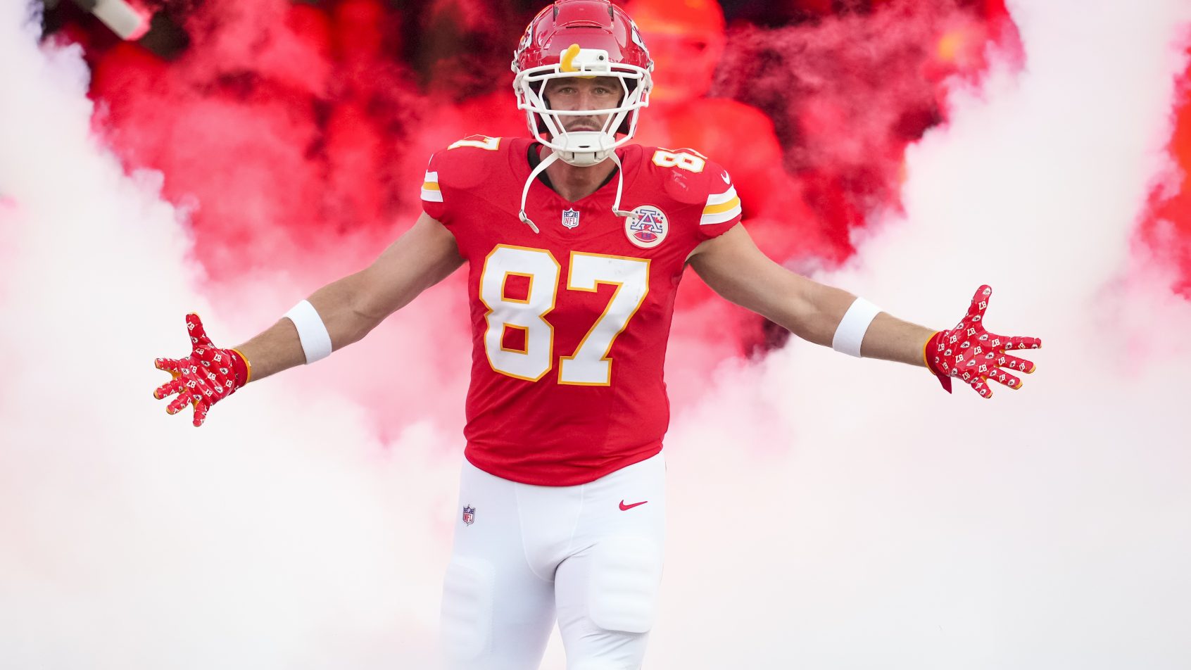 Travis Kelce gets introduced to the home crowd.