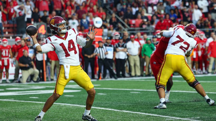 USC quarterback Jayden Maiava drops back to pass against Rutgers