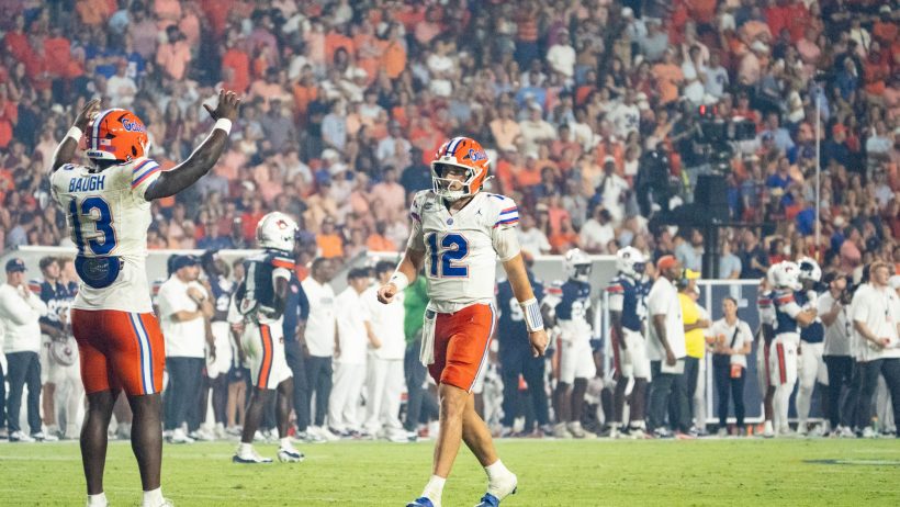 Aaron Philo celebrates with a teammate.