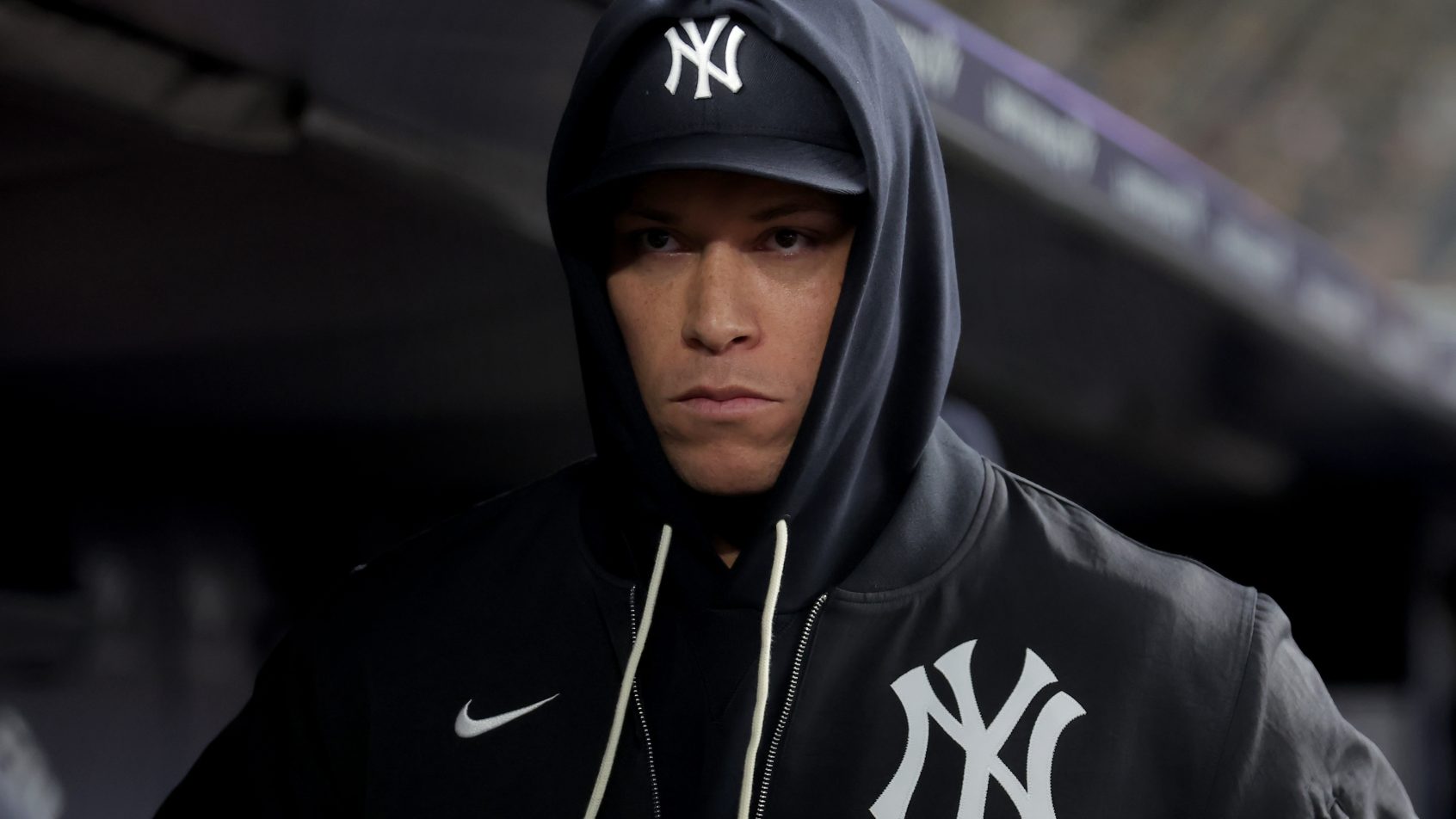 Injured Yankees outfielder Aaron Judge in the dugout against the Rays