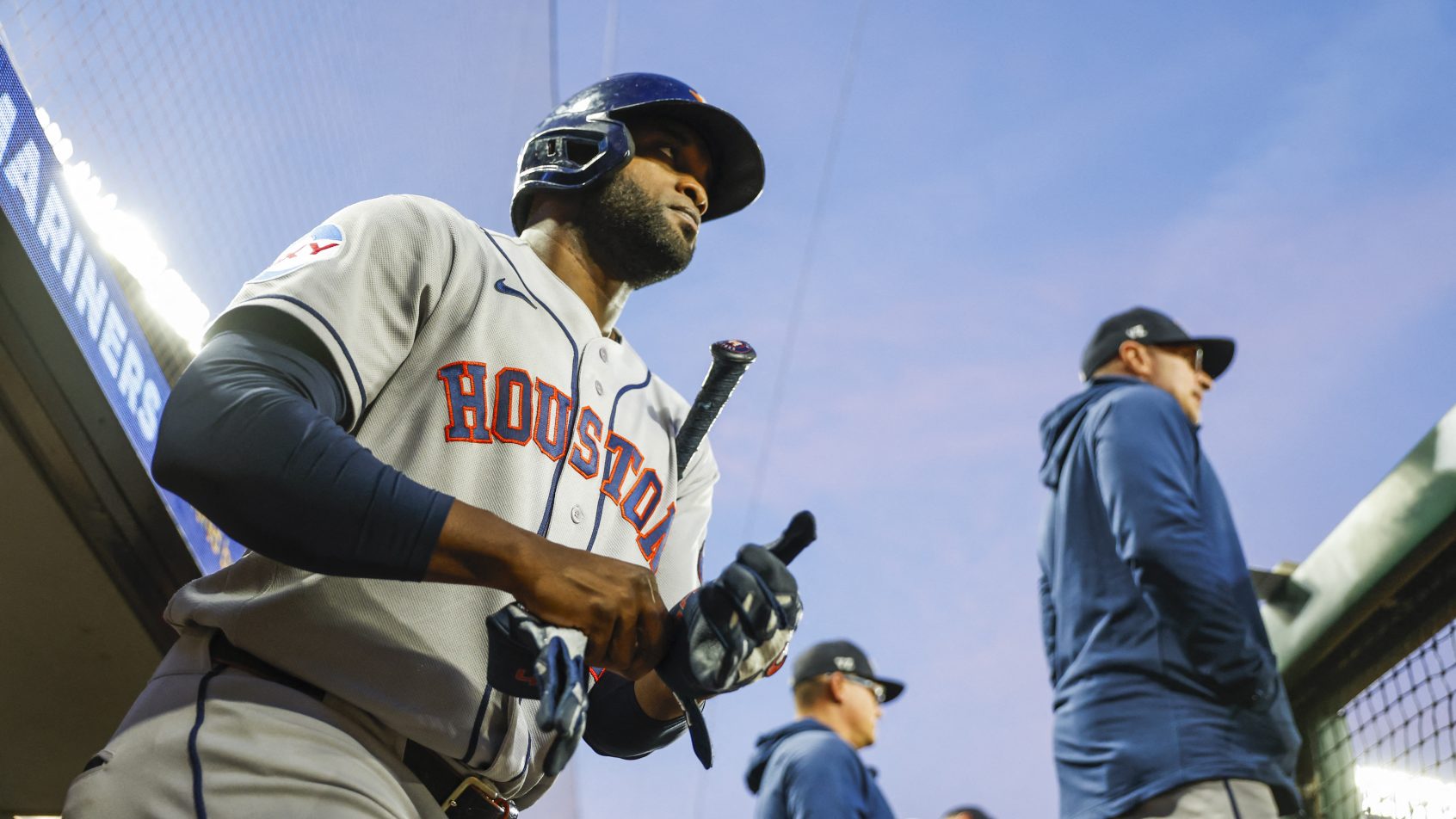 Yordan Alvarez emerges from the Astros dugout.