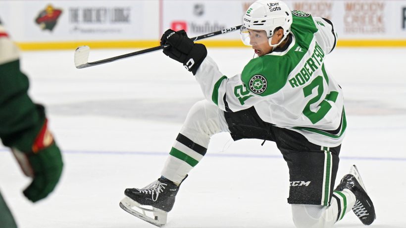 Dallas Stars forward Jason Robertson shoots against the Minnesota Wild