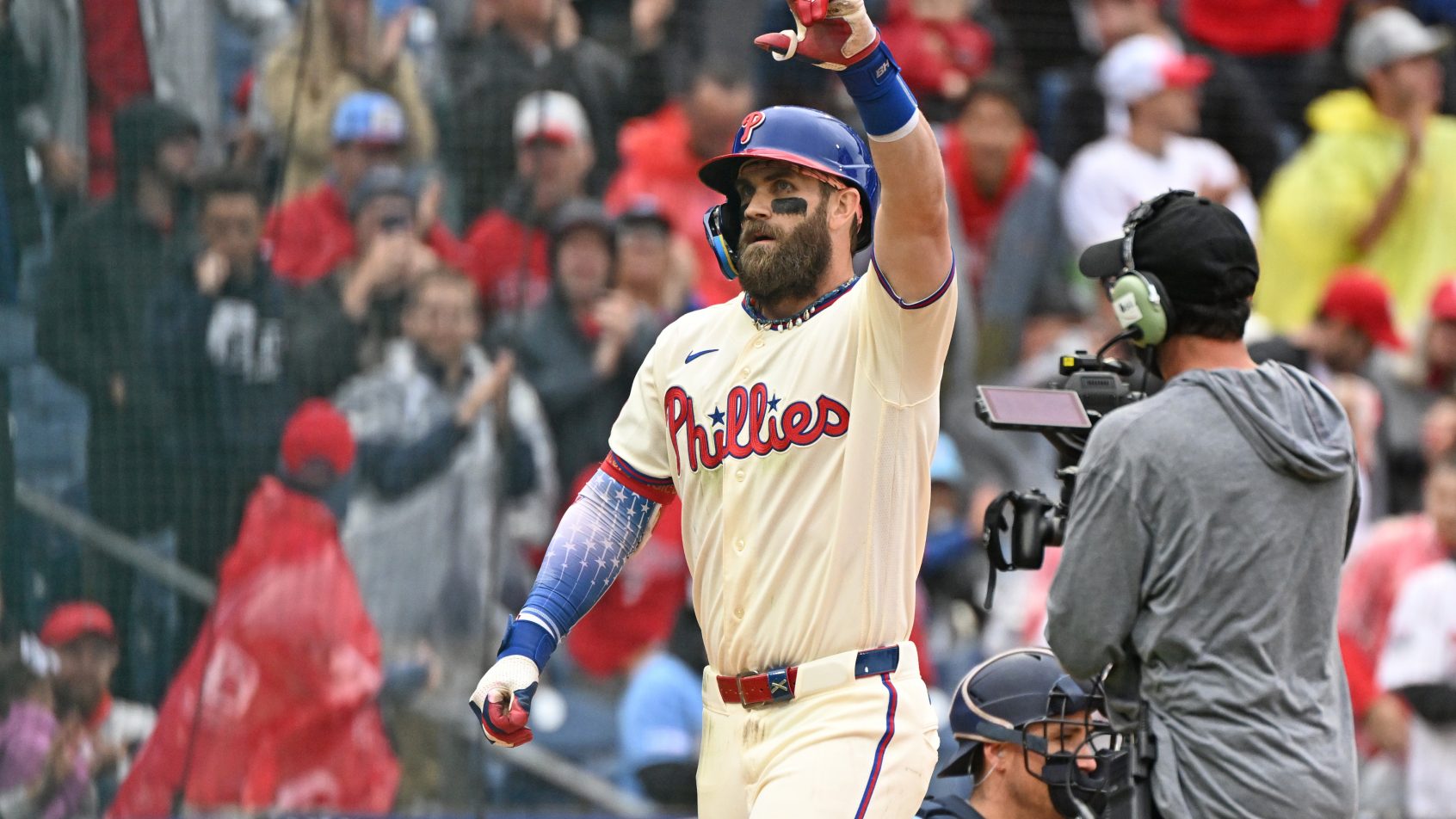 Bryce Harper celebrates a home run vs the Rays.
