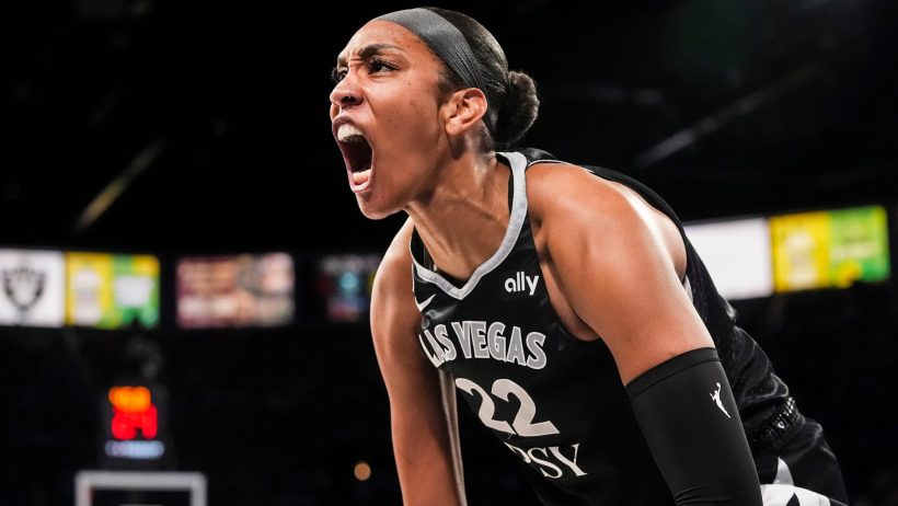 A'ja Wilson celebrates during a victory over the Indiana Fever.