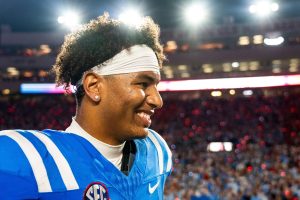 Ole Miss quarterback Trinidad Chambliss smiles after beating LSU in Week 3