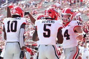 Georgia quarterback Gunner Stockton celebrates with Chauncey Bowens before the Week 4 Oklahoma matchup