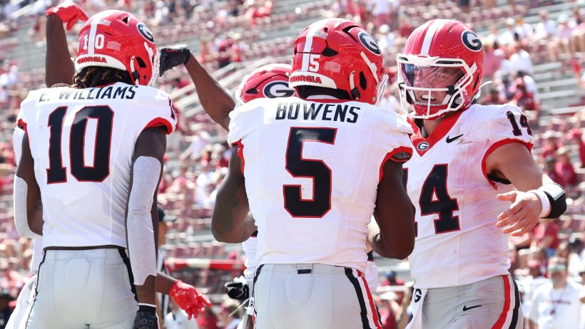 Georgia quarterback Gunner Stockton celebrates with Chauncey Bowens before the Week 4 Oklahoma matchup