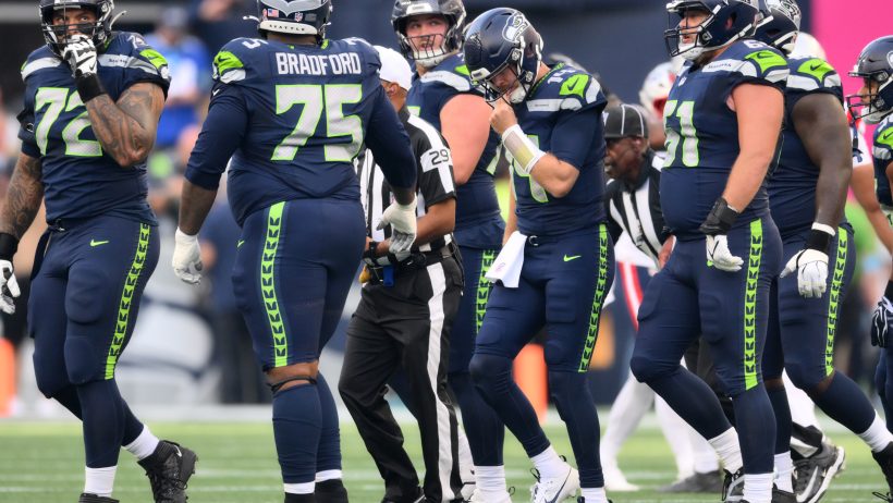 Seattle Seahawks quarterback Sam Darnold after a sack against New England