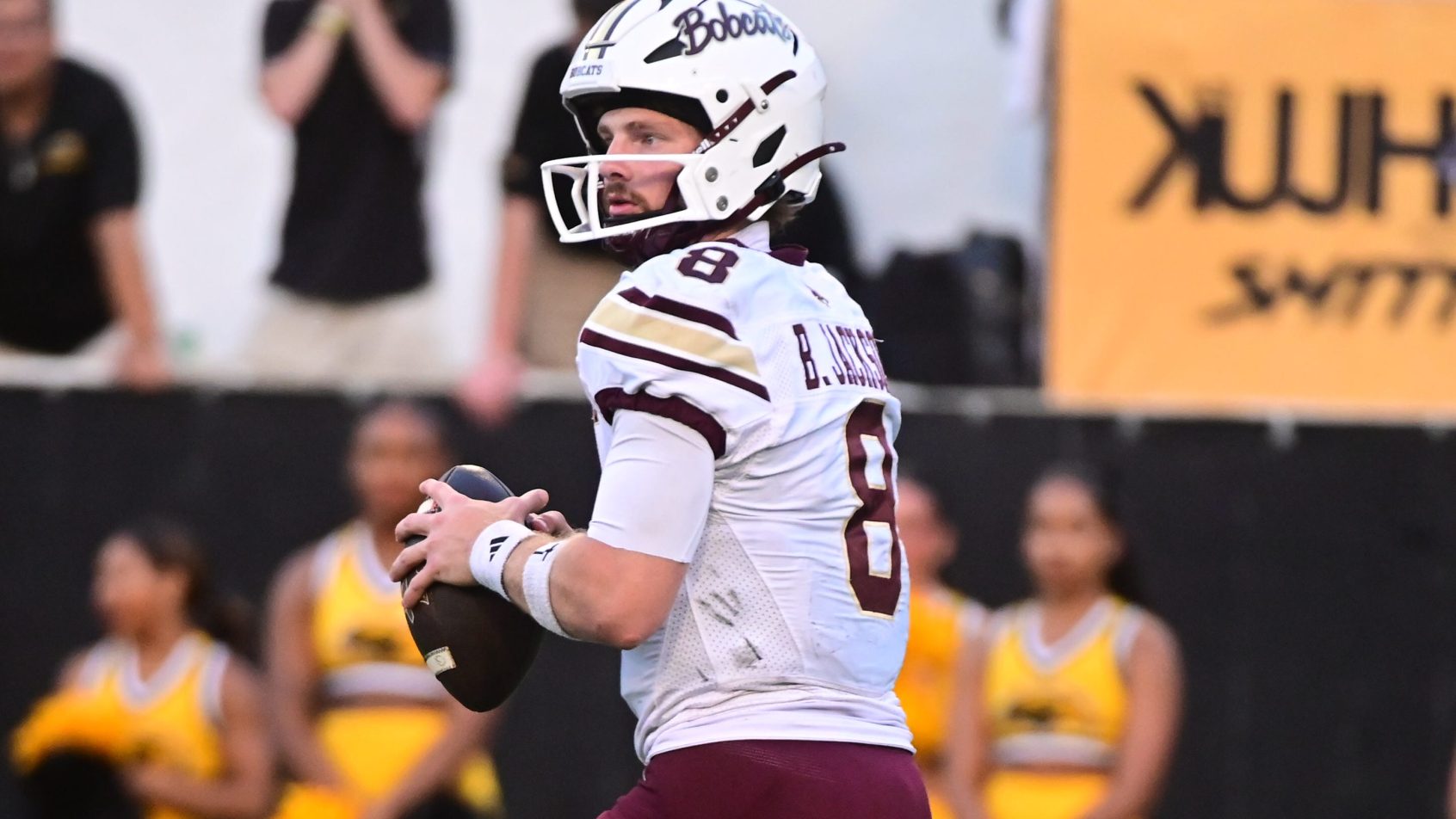 Texas State Bobcats quarterback Brad Jackson looks to pass