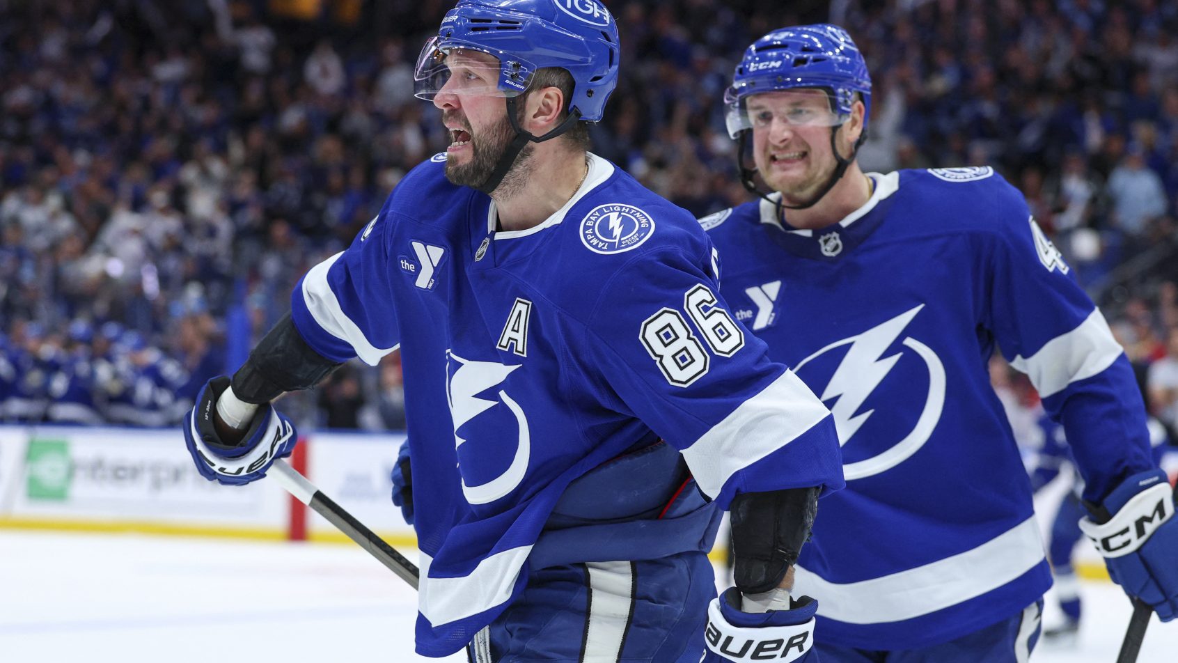 Nikita Kucherov celebrates a playoff goal vs the Canadiens.