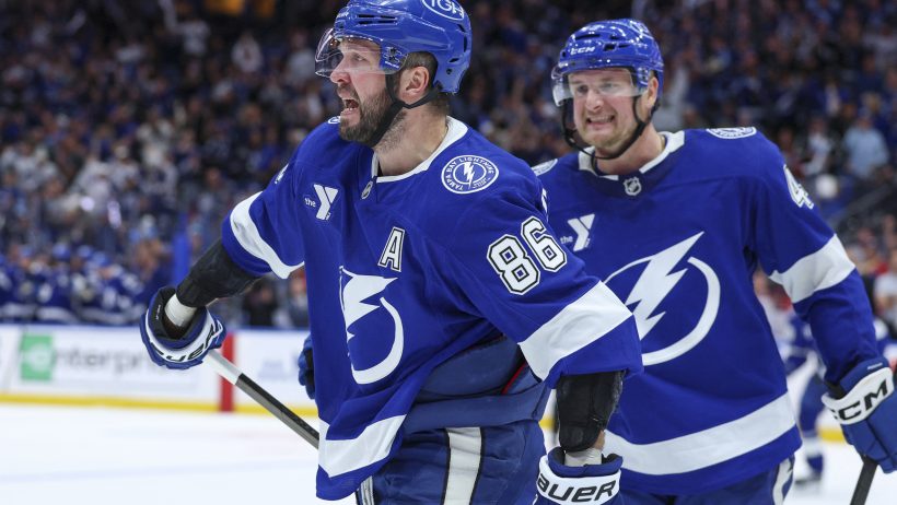 Nikita Kucherov celebrates a playoff goal vs the Canadiens.