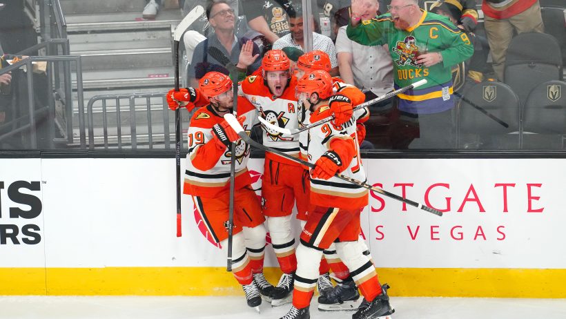 Leo Carlsson celebrates a goal with the Ducks.