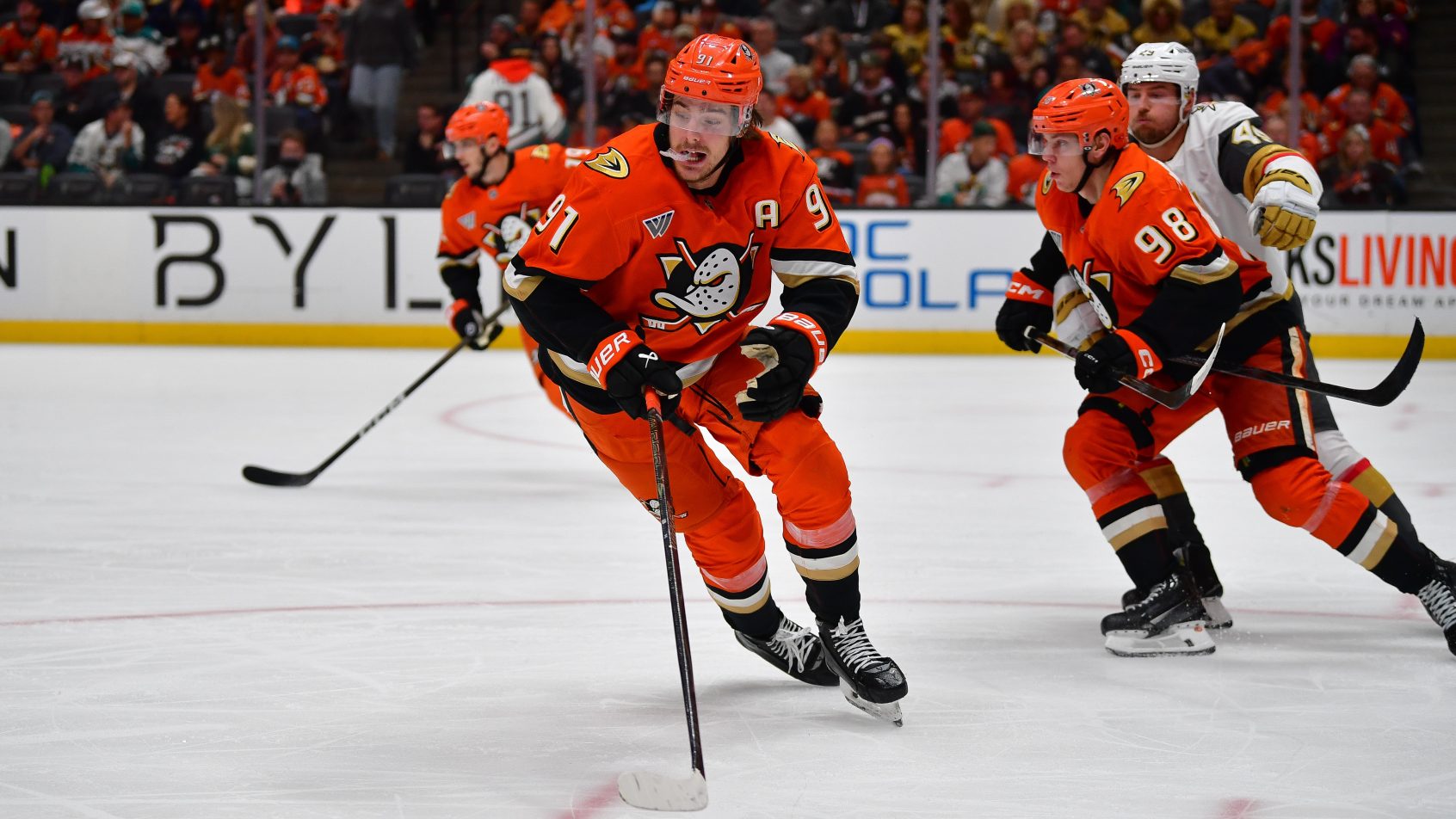 Leo Carlsson chases down a puck vs the Golden Knights.