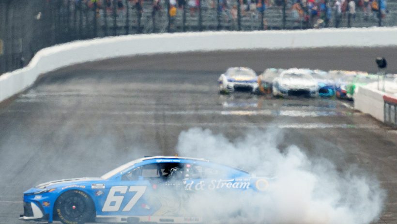 Corey Heim does a burnout after the Brickyard 400 (2026).