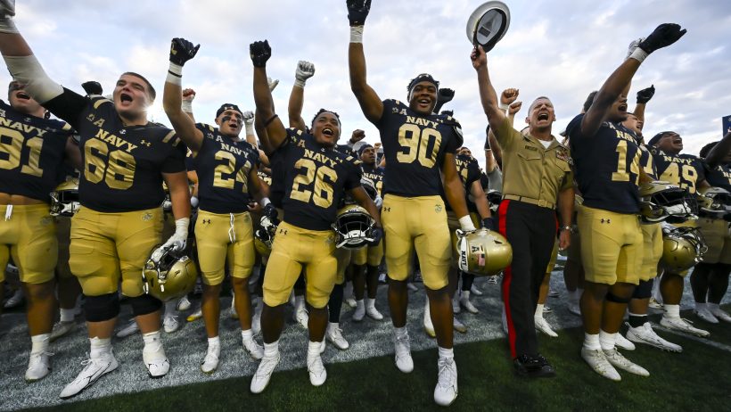 Navy Midshipmen celebrate their win over Towson at Navy-Marine Corps Memorial Stadium