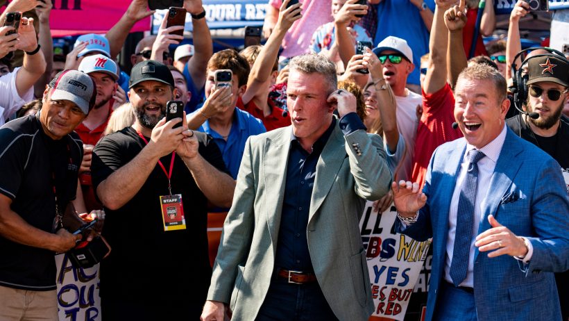 Pat McAfee and Kirk Herbstreit react with the College GameDay crowd in Oxford