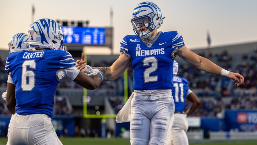 Marcus Stokes and Jaylin Carter celebrate after a touchdown in Memphis vs UT Martin