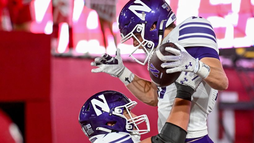 Northwestern celebrates a touchdown vs Indiana.