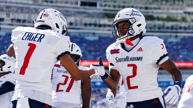 Anthony Eager celebrates with his South Alabama teammates.