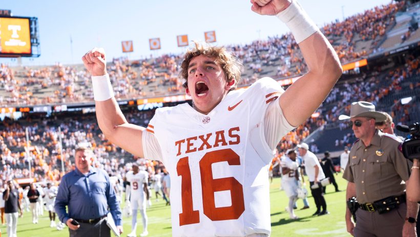 Arch Manning celebrates a Texas win over Tennessee.