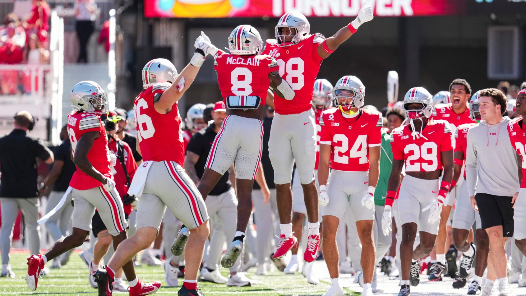 Ohio State celebrates a defensive stand against Illinois.