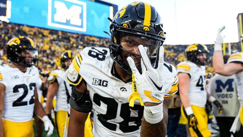 Kamari Moulton celebrates an Iowa win over Michigan.