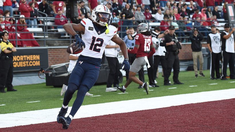 Arizona Wildcats wide receiver Tre Spivey celebrates a touchdown in the 2026 NCAA season.