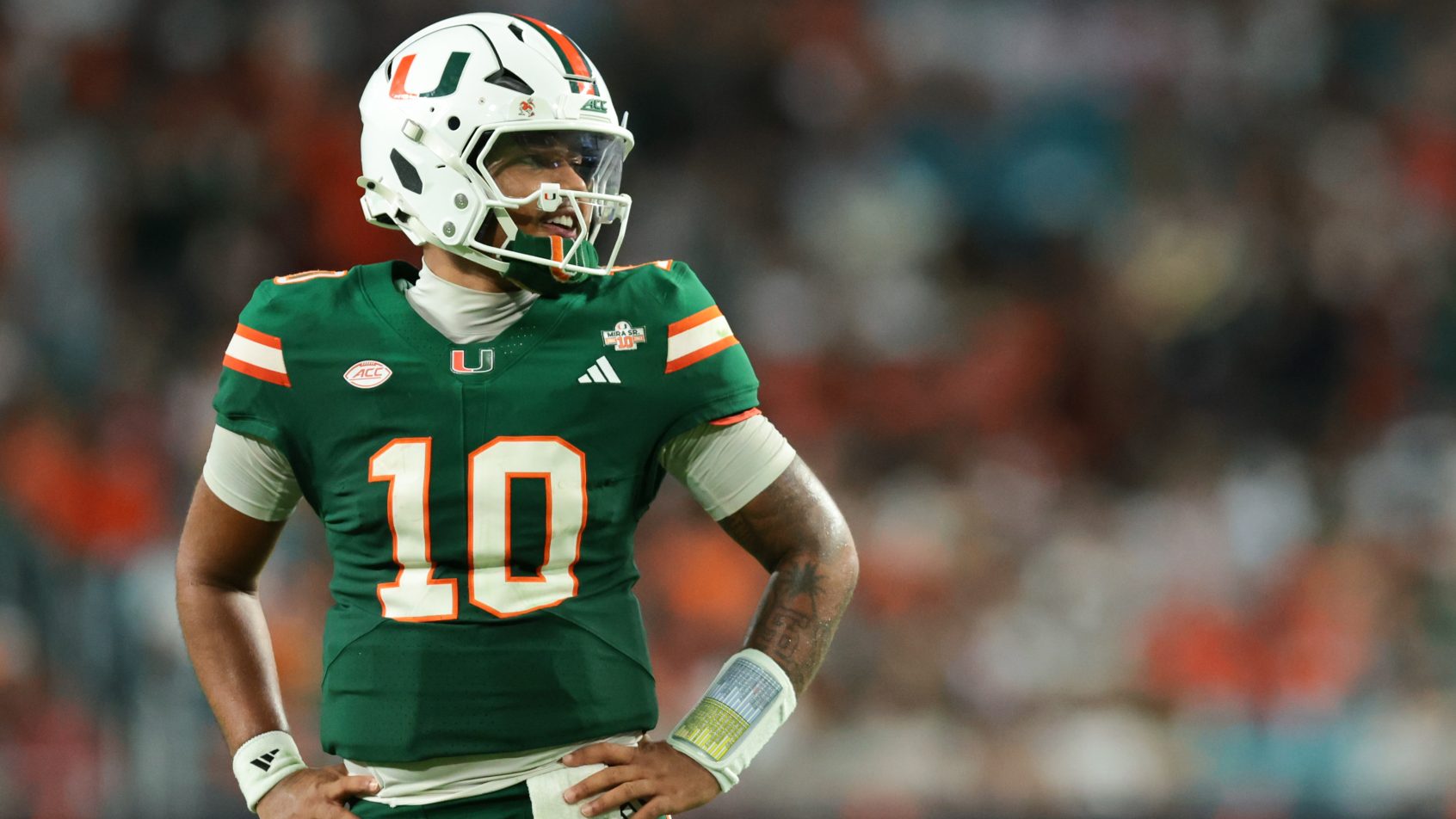 Miami Hurricanes quarterback Darian Mensah on the field against Central Michigan