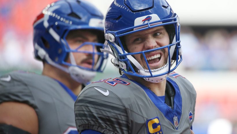 Josh Allen celebrates during a win over the Chargers.