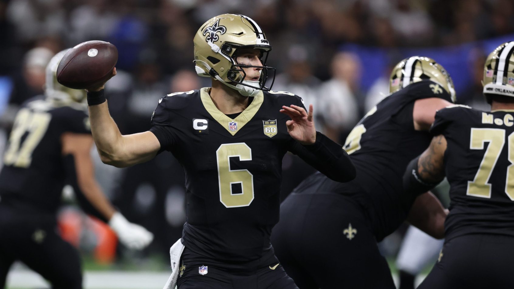 Tyler Shough drops back to pass vs the Raiders.