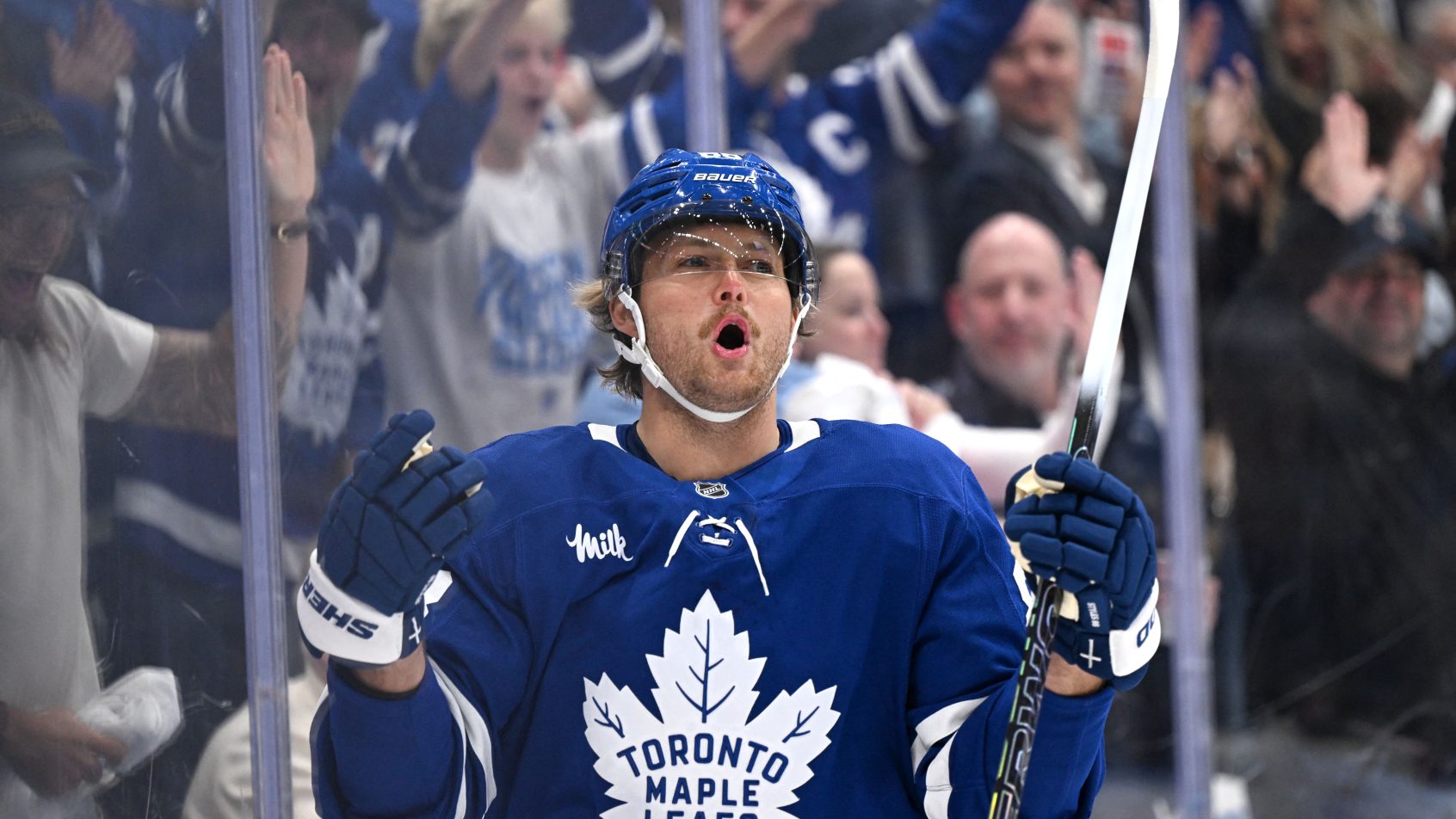William Nylander celebrates after scoring a goal.