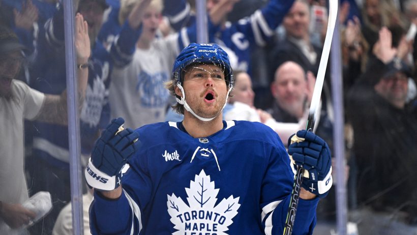 William Nylander celebrates after scoring a goal.