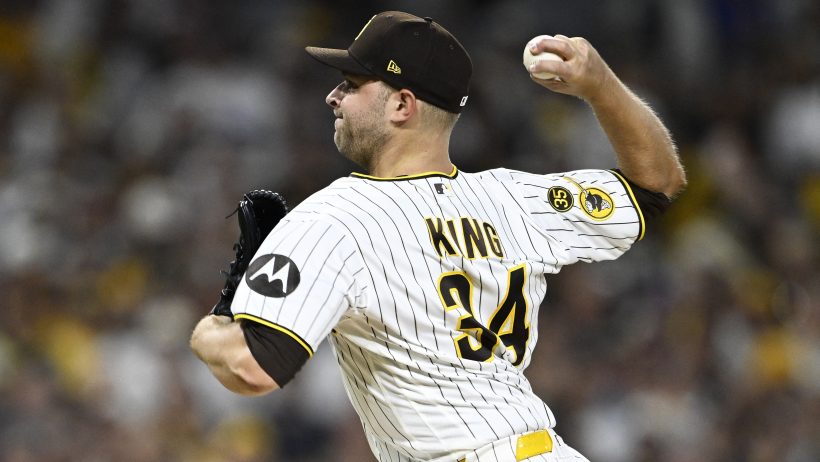 San Diego Padres pitcher Michael King throwing a pitch