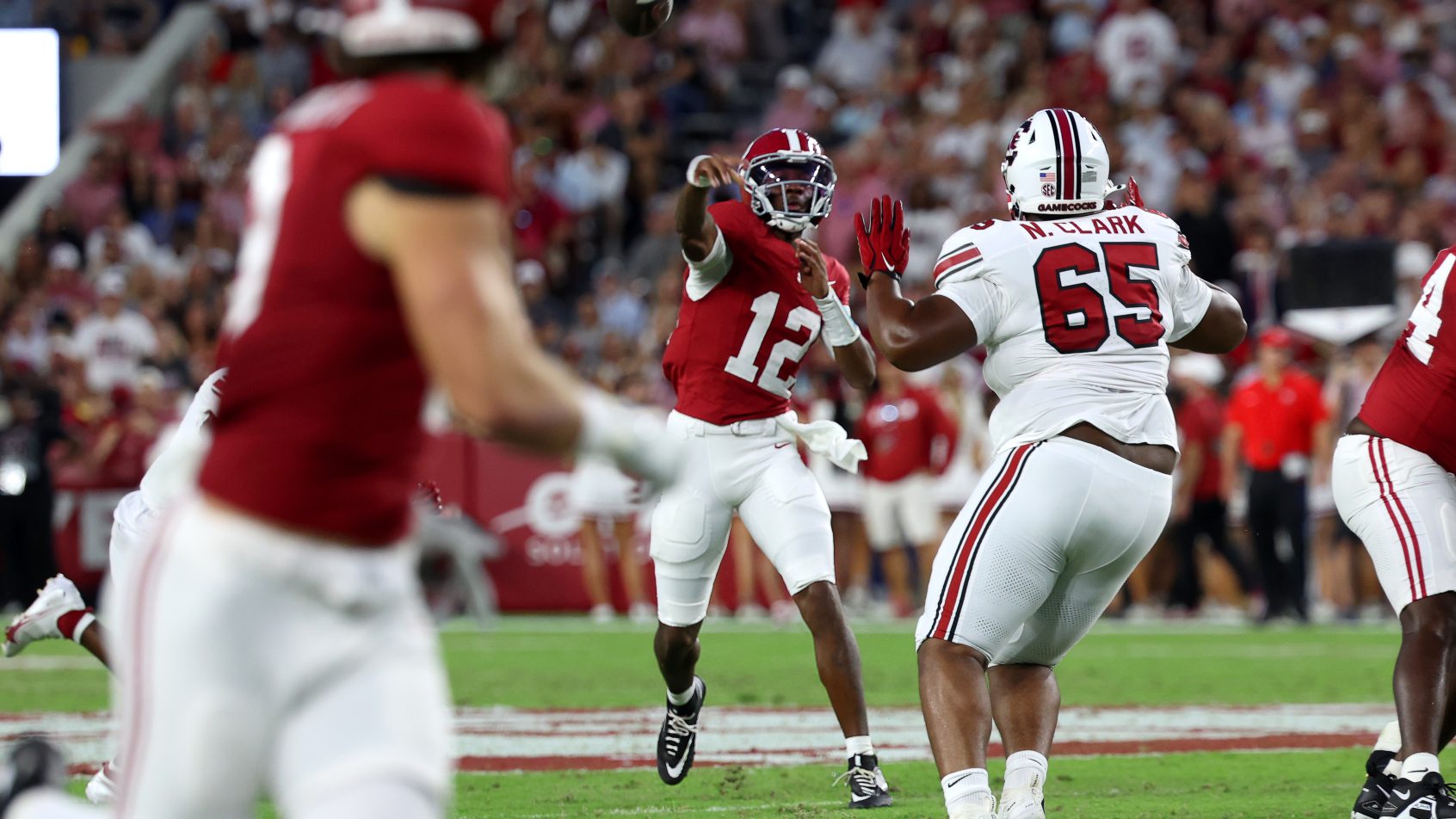 Alabama quarterback Keelon Russell throws a pass against South Carolina