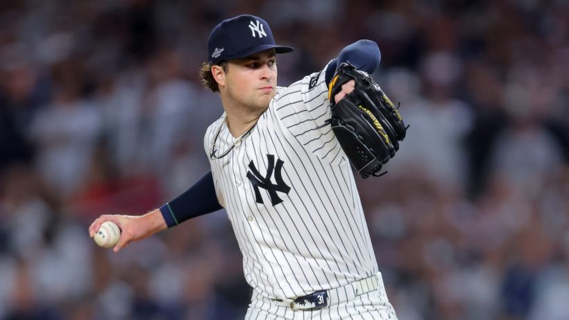 Cam Schlittler fires a pitch against the Red Sox.